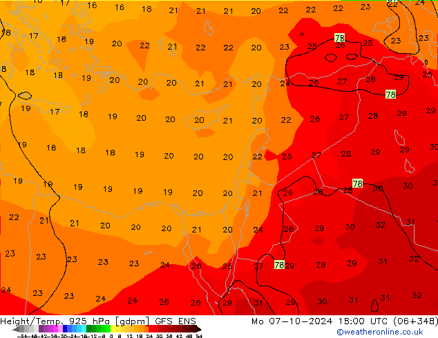 Height/Temp. 925 hPa GFS ENS Mo 07.10.2024 18 UTC