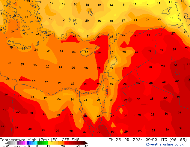 Темпер. макс 2т GFS ENS чт 26.09.2024 00 UTC