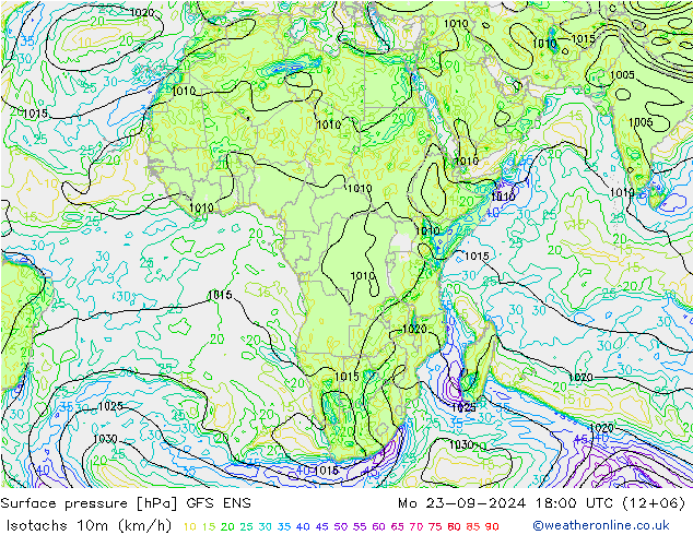 Izotacha (km/godz) GFS ENS pon. 23.09.2024 18 UTC