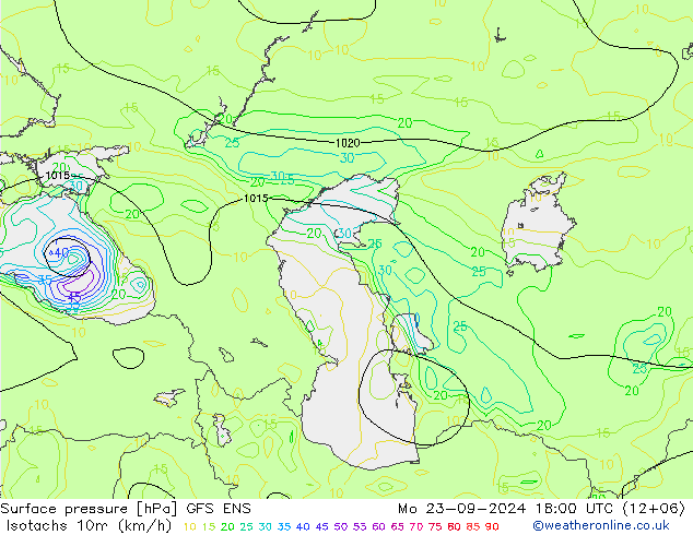 Isotachs (kph) GFS ENS  23.09.2024 18 UTC