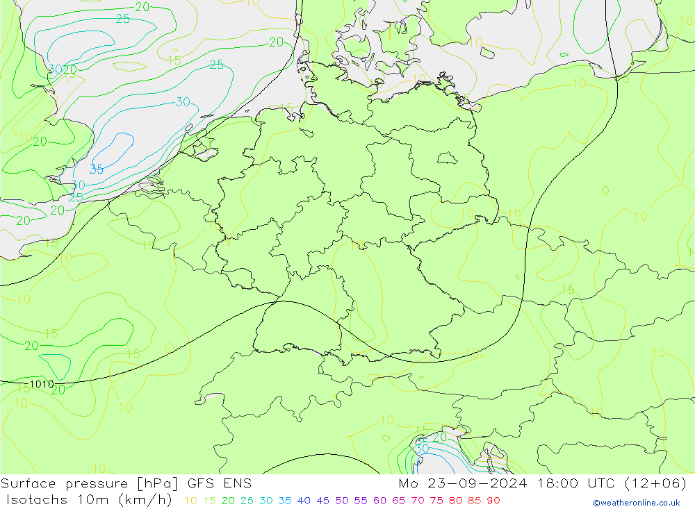 Isotachen (km/h) GFS ENS ma 23.09.2024 18 UTC