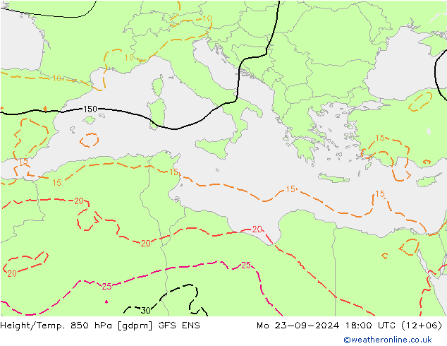 Height/Temp. 850 hPa GFS ENS Mo 23.09.2024 18 UTC