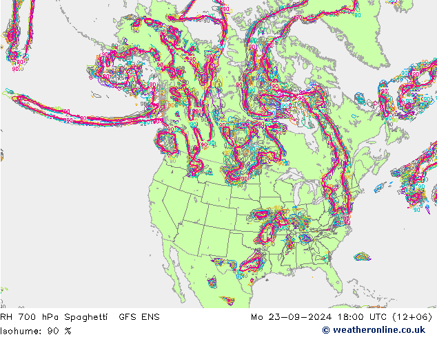 RH 700 hPa Spaghetti GFS ENS Mo 23.09.2024 18 UTC