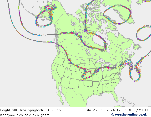 Height 500 hPa Spaghetti GFS ENS Mo 23.09.2024 12 UTC