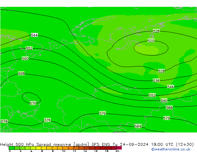 Height 500 hPa Spread GFS ENS Tu 24.09.2024 18 UTC