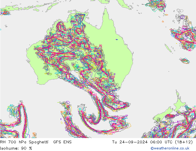 RH 700 hPa Spaghetti GFS ENS Tu 24.09.2024 06 UTC