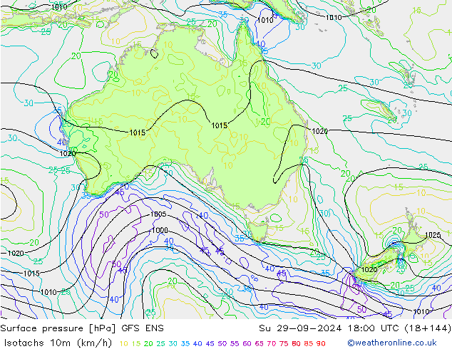 Isotachs (kph) GFS ENS Ne 29.09.2024 18 UTC