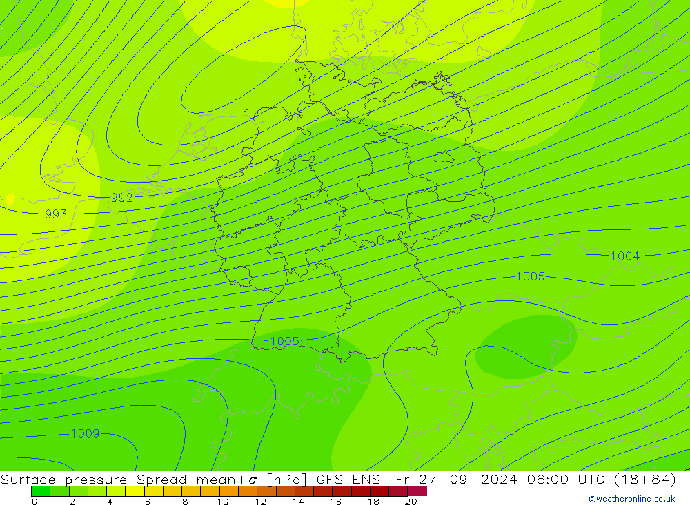 Surface pressure Spread GFS ENS Fr 27.09.2024 06 UTC