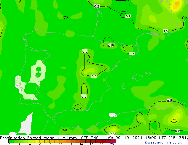 Neerslag Spread GFS ENS wo 09.10.2024 18 UTC