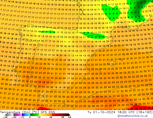 Temperature (2m) GFS ENS Út 01.10.2024 18 UTC