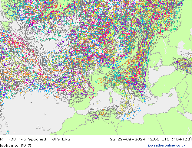 RH 700 hPa Spaghetti GFS ENS Ne 29.09.2024 12 UTC