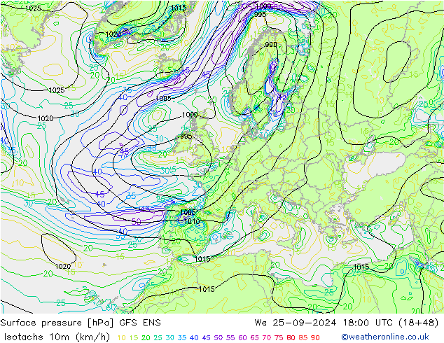 Isotachs (kph) GFS ENS We 25.09.2024 18 UTC