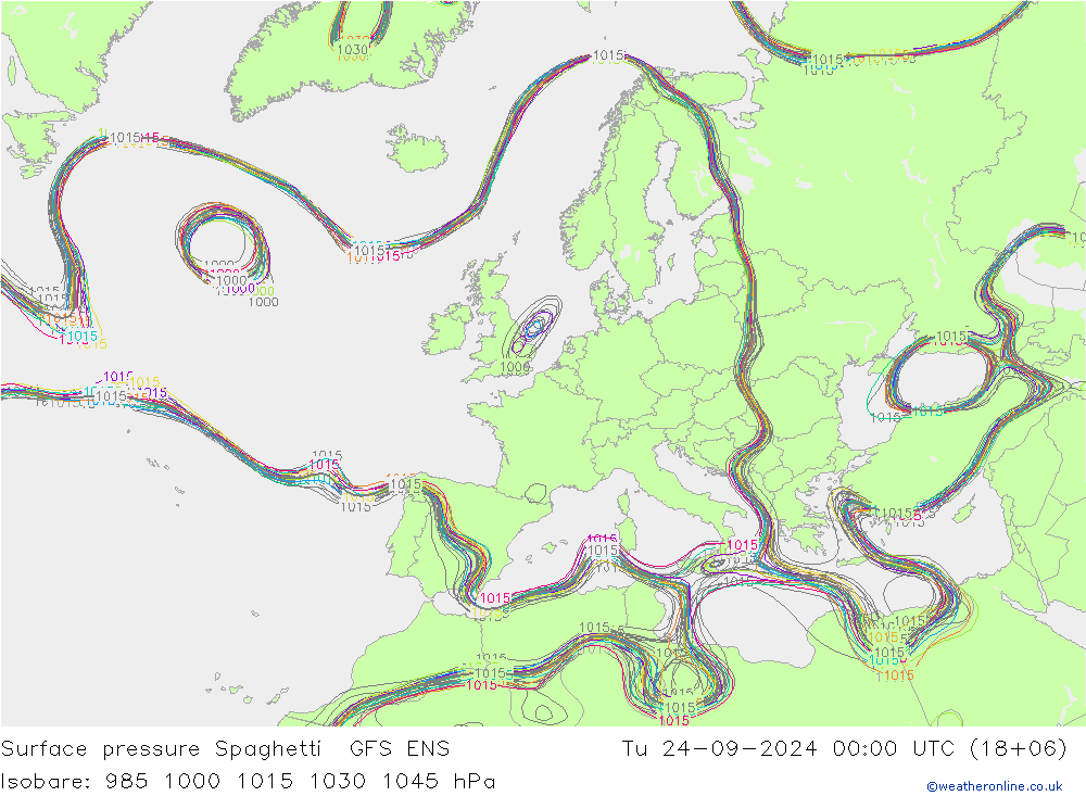 Surface pressure Spaghetti GFS ENS Tu 24.09.2024 00 UTC