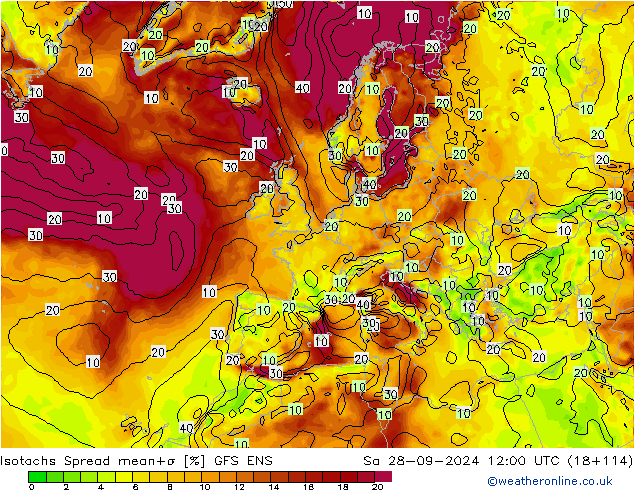 Isotachs Spread GFS ENS sab 28.09.2024 12 UTC