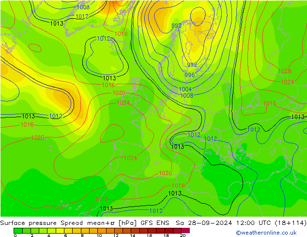 Pressione al suolo Spread GFS ENS sab 28.09.2024 12 UTC