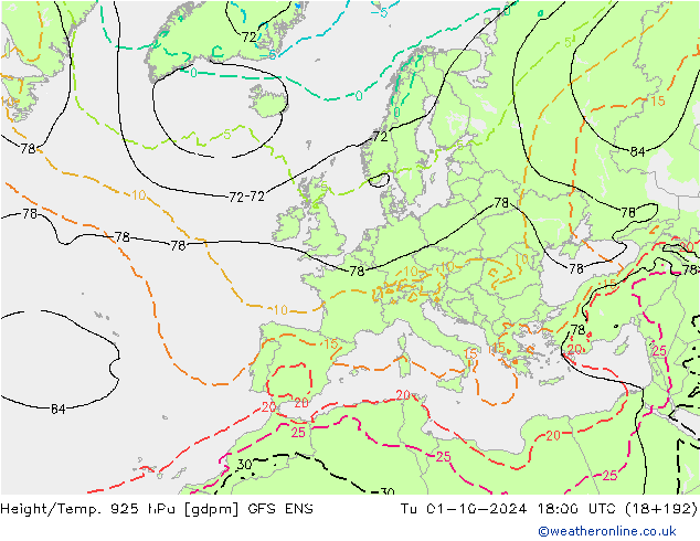 Yükseklik/Sıc. 925 hPa GFS ENS Sa 01.10.2024 18 UTC