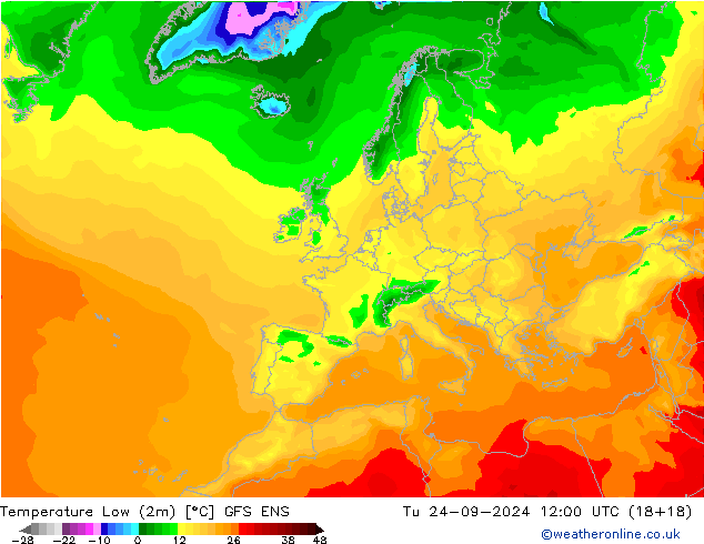 Min.temperatuur (2m) GFS ENS di 24.09.2024 12 UTC