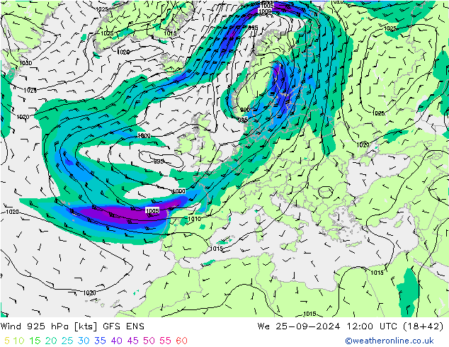 Wind 925 hPa GFS ENS Mi 25.09.2024 12 UTC