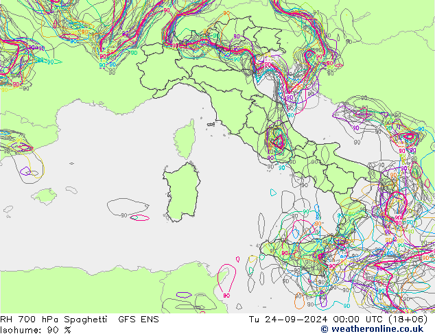 RH 700 hPa Spaghetti GFS ENS Tu 24.09.2024 00 UTC