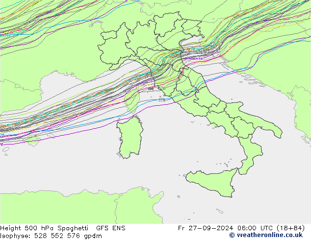 Height 500 гПа Spaghetti GFS ENS пт 27.09.2024 06 UTC