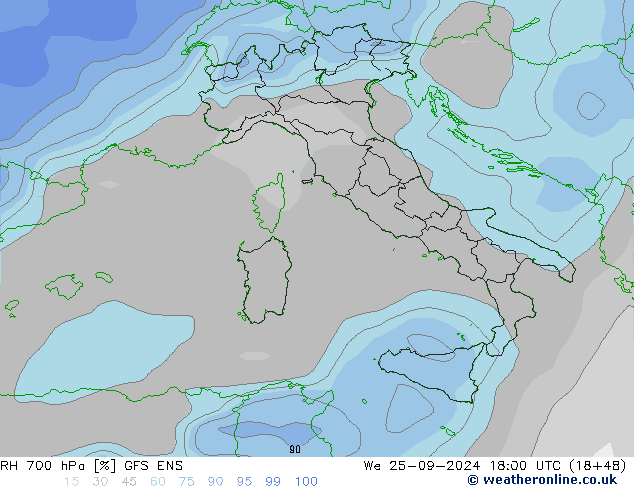 Humidité rel. 700 hPa GFS ENS mer 25.09.2024 18 UTC