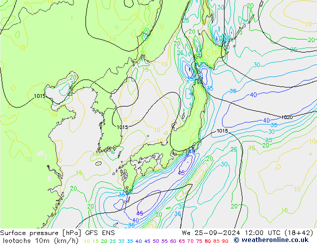 Eşrüzgar Hızları (km/sa) GFS ENS Çar 25.09.2024 12 UTC