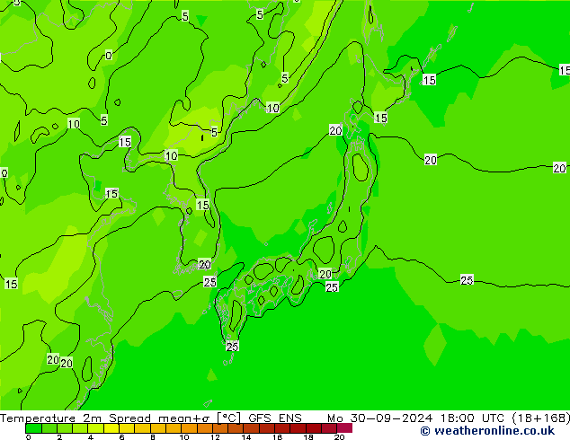 Temperatura 2m Spread GFS ENS lun 30.09.2024 18 UTC