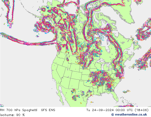 RH 700 hPa Spaghetti GFS ENS Tu 24.09.2024 00 UTC