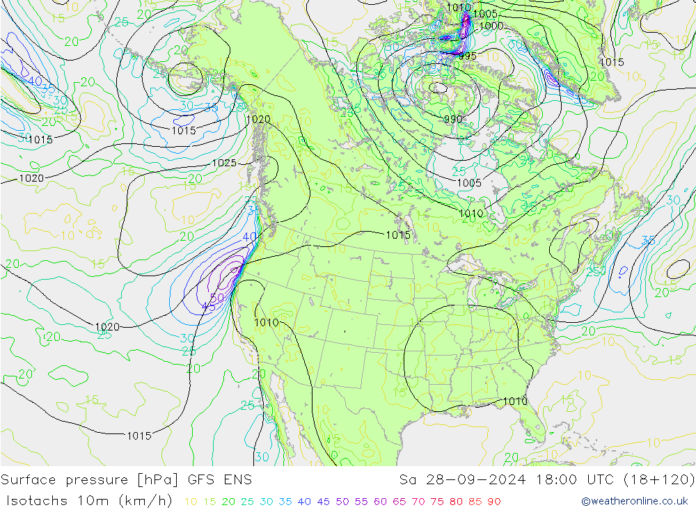 Isotachs (kph) GFS ENS  28.09.2024 18 UTC