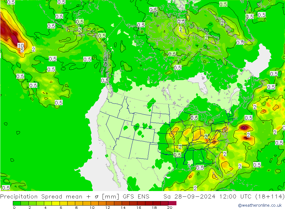 Precipitation Spread GFS ENS Sa 28.09.2024 12 UTC