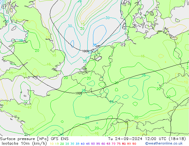 Isotachs (kph) GFS ENS Tu 24.09.2024 12 UTC