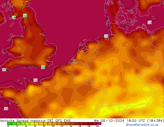 Isotachs Spread GFS ENS mer 09.10.2024 18 UTC