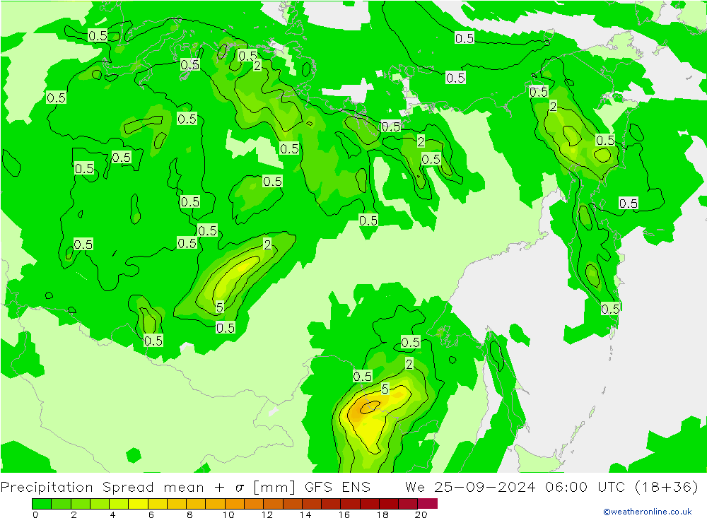 Neerslag Spread GFS ENS wo 25.09.2024 06 UTC