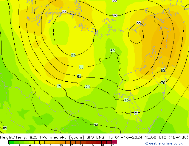 Height/Temp. 925 hPa GFS ENS wto. 01.10.2024 12 UTC