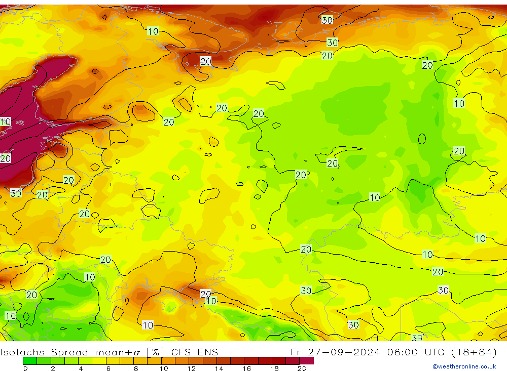 Isotachs Spread GFS ENS ven 27.09.2024 06 UTC