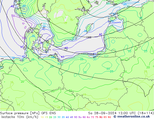 Isotachs (kph) GFS ENS Sáb 28.09.2024 12 UTC