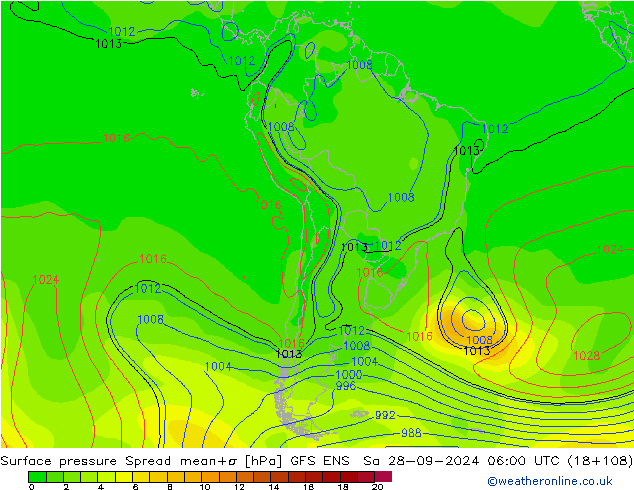 Atmosférický tlak Spread GFS ENS So 28.09.2024 06 UTC