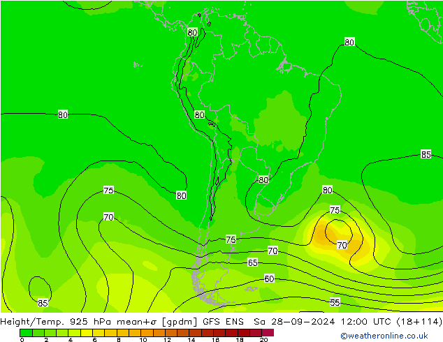 Height/Temp. 925 hPa GFS ENS so. 28.09.2024 12 UTC