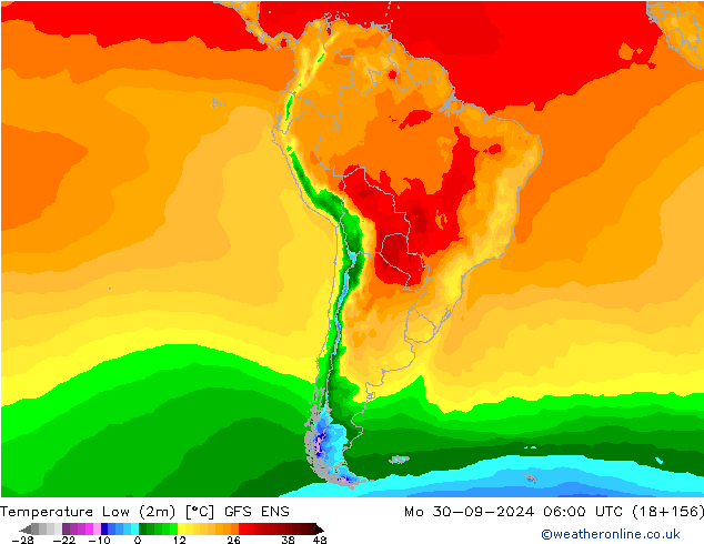 Min.temperatuur (2m) GFS ENS ma 30.09.2024 06 UTC