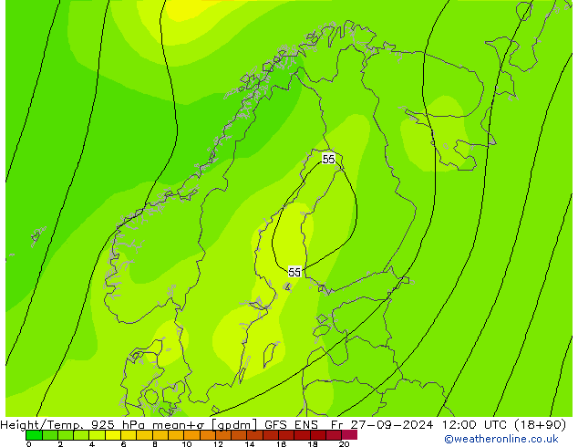 Height/Temp. 925 hPa GFS ENS Sex 27.09.2024 12 UTC