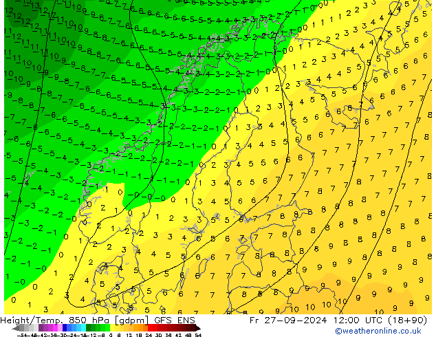 Hoogte/Temp. 850 hPa GFS ENS vr 27.09.2024 12 UTC