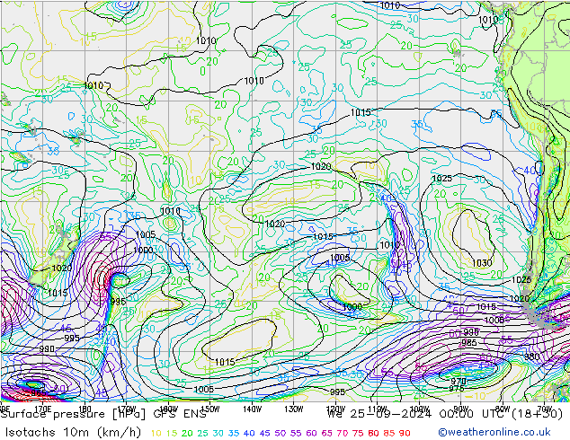 Isotachen (km/h) GFS ENS wo 25.09.2024 00 UTC