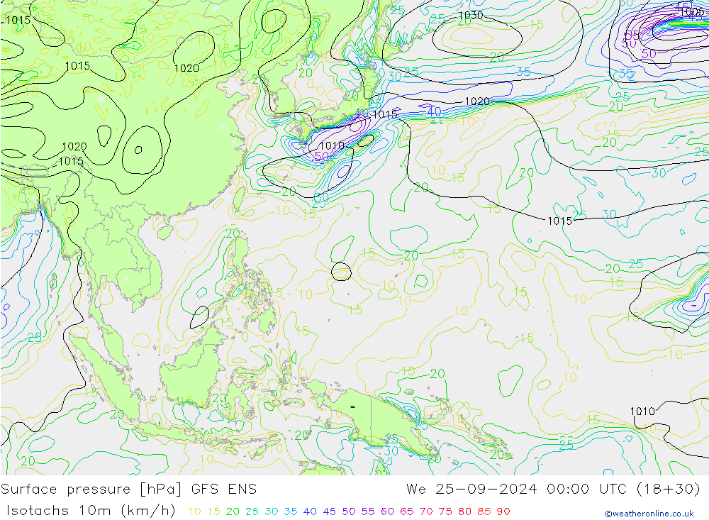 Isotachs (kph) GFS ENS Qua 25.09.2024 00 UTC