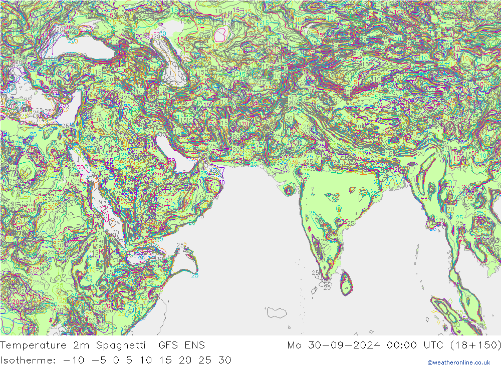 Temperature 2m Spaghetti GFS ENS Mo 30.09.2024 00 UTC