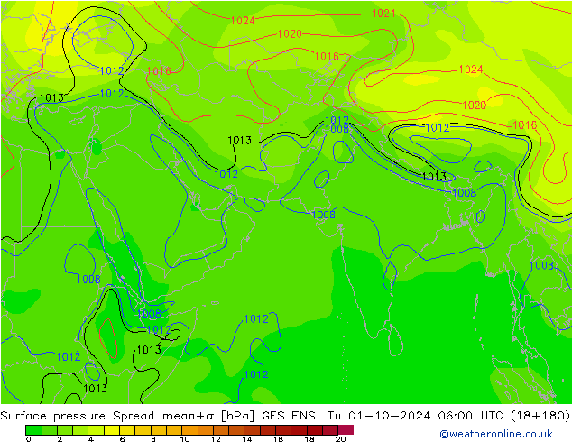 Pressione al suolo Spread GFS ENS mar 01.10.2024 06 UTC