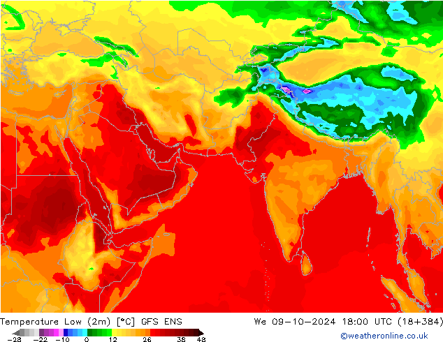 température 2m min GFS ENS mer 09.10.2024 18 UTC