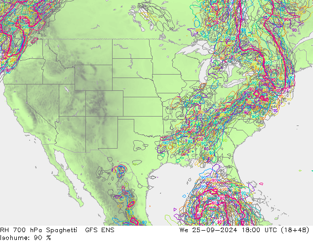 RH 700 hPa Spaghetti GFS ENS We 25.09.2024 18 UTC