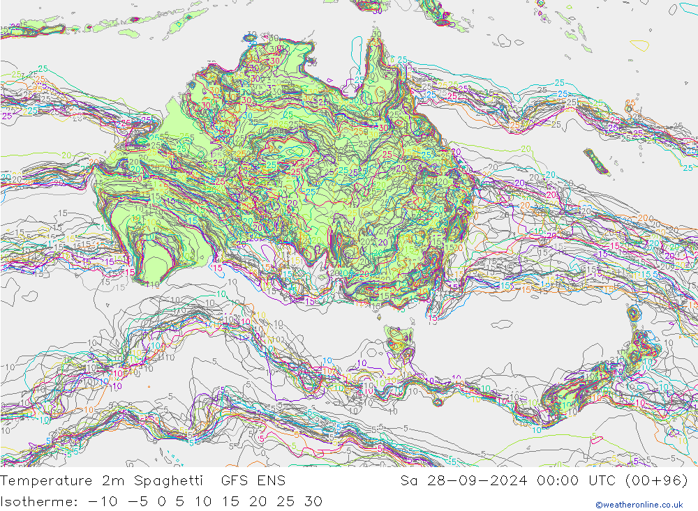 Temperature 2m Spaghetti GFS ENS Sa 28.09.2024 00 UTC