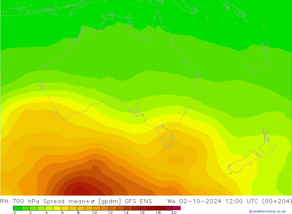 RH 700 hPa Spread GFS ENS We 02.10.2024 12 UTC