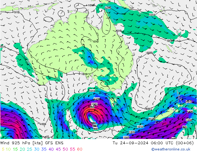 Wind 925 hPa GFS ENS Tu 24.09.2024 06 UTC